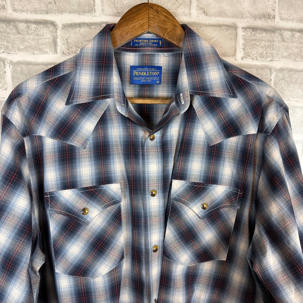 Pendleton Frontier Shirt Mens Medium Blue Plaid Western Pearl Snap Long Sleeve